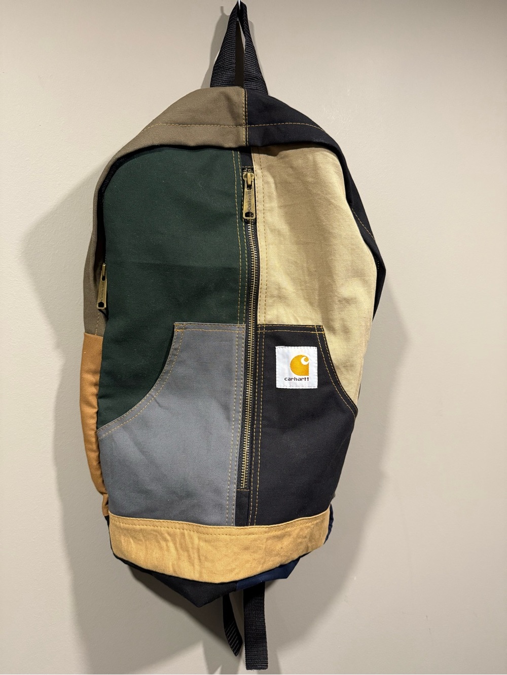 Carhartt inspired Multi‑Colorblock rework Canvas Backpack - dark green tan brown image 2